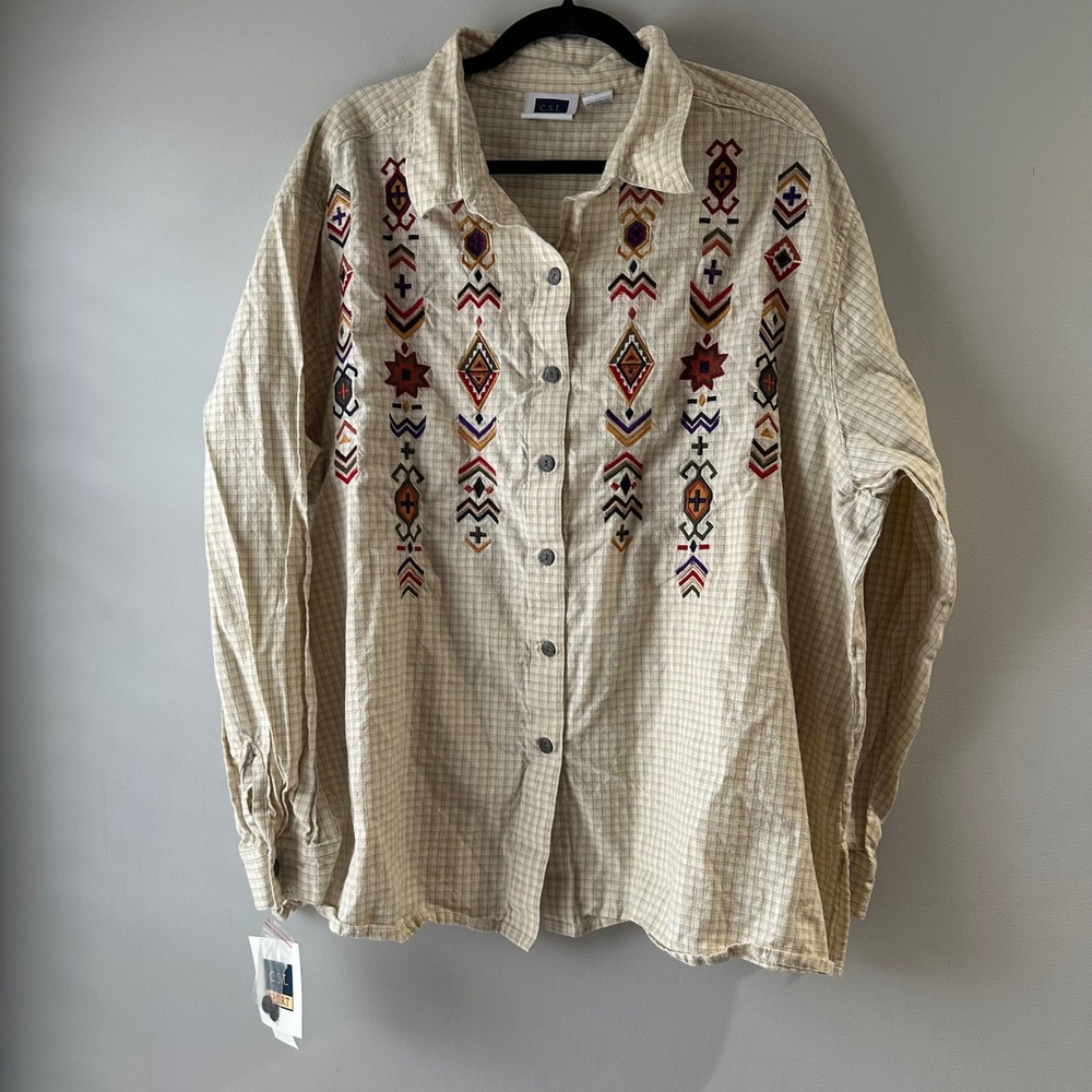 C.S.T. Sport Button Down Shirt Womens 3X Tan Embroidered Cotton NWT Southwestern
